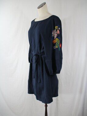 LOFT Shift Dress Navy Blue Floral Embroidered 3/4 Sleeve Tie Waist Women's L
